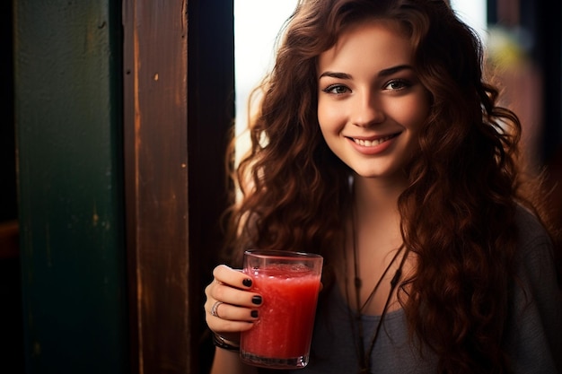 Een jonge vrouw met een glas aardbeien sap en kijkt uit op een schilderachtig landschap