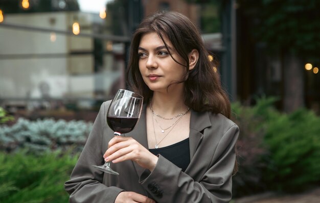 Een jonge vrouw met een glas wijn buiten bij een restaurant