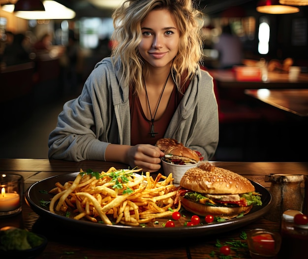 een jonge vrouw met een groot bord fastfoodburgers