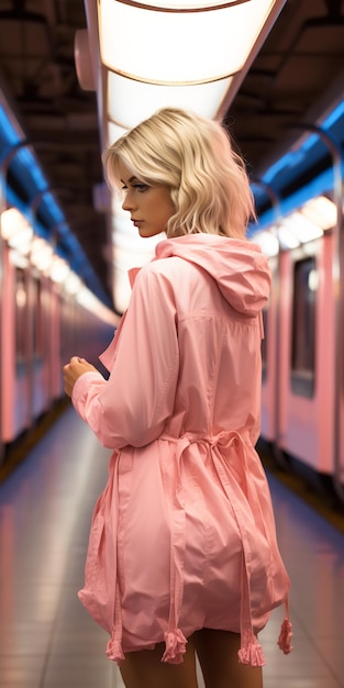 Een jonge vrouw met een heldere tas wacht op de metro in dit roze en blauwe portret Generative AI