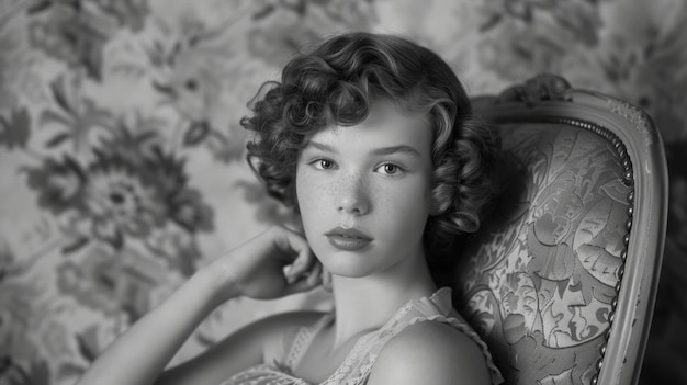 Een jonge vrouw met een hoofd vol strakke krullen zit in een vintage stoel haar kenmerken delicaat