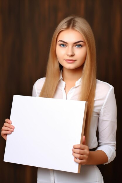 Een jonge vrouw met een leeg bord voor copyspace gemaakt met generatieve ai