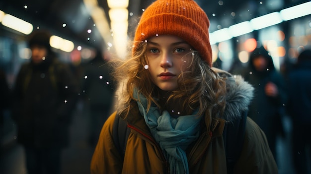 een jonge vrouw met een oranje muts die midden in een druk metrostation staat