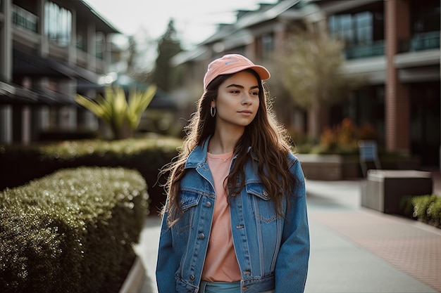 Een jonge vrouw met een roze hoed en spijkerjasje Generative Ai