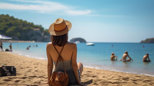 Een jonge vrouw met een strohoed op kijkt naar een prachtig uitzicht terwijl ze op het strand zit