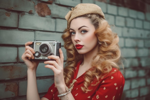 Een jonge vrouw met een vintage camera terwijl ze retro kleding draagt die is gemaakt met generatieve AI