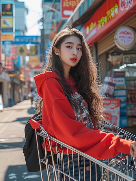 Foto een jonge vrouw met een winkel