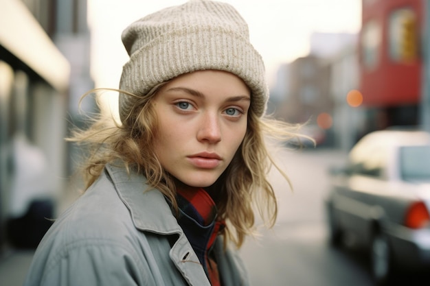 een jonge vrouw met een wintermuts en jas die op straat staat