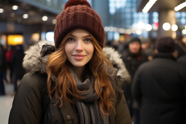 een jonge vrouw met een wintermuts en jas op een luchthaven