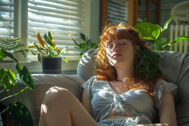 Een jonge vrouw met gesloten ogen ligt vreedzaam in een zonnige kamer te midden van levendige binnenplanten die zich in het licht koelen