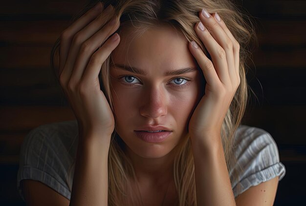 Foto een jonge vrouw met haar handpalmen die het hoofd raken in de stijl van gesneden gescheurd.