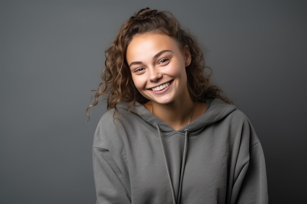 Een jonge vrouw met krullend haar glimlacht en glimlacht in een grijze hoodie