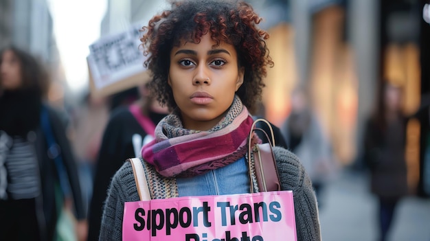 Foto een jonge vrouw met krullend haar houdt een bord vast met de tekst support trans rights. ze draagt een sjaal en een denimjas.