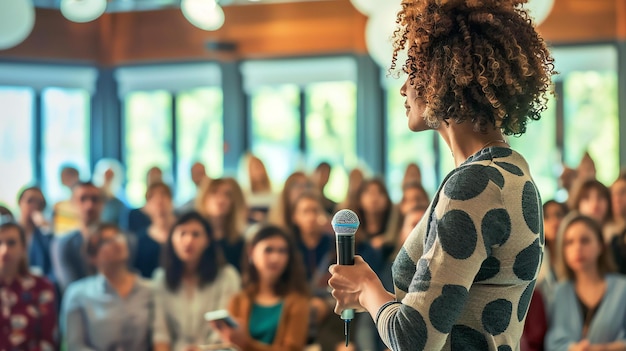 Een jonge vrouw met krullend haar spreekt in een microfoon ze staat voor een groep mensen die allemaal naar haar kijken