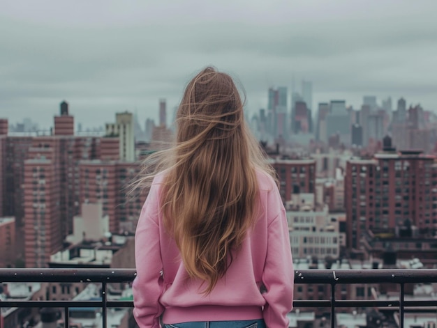 Een jonge vrouw met lang haar in roze kleren kijkt naar het stedelijk landschap