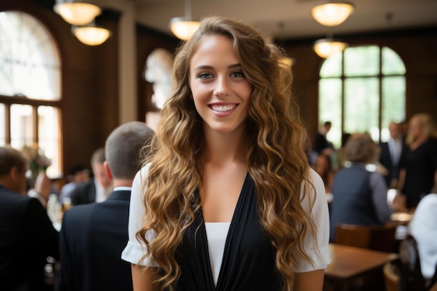 een jonge vrouw met lang krullend haar staande in een restaurant