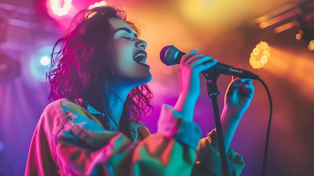 Een jonge vrouw met lang stromend haar zingt in een microfoon Ze is omringd door kleurrijke lichten