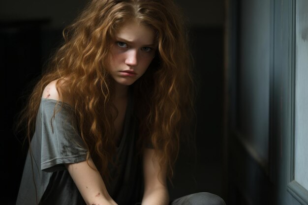 een jonge vrouw met rood haar die op de vloer zit