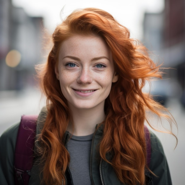 een jonge vrouw met rood haar lachend op straat