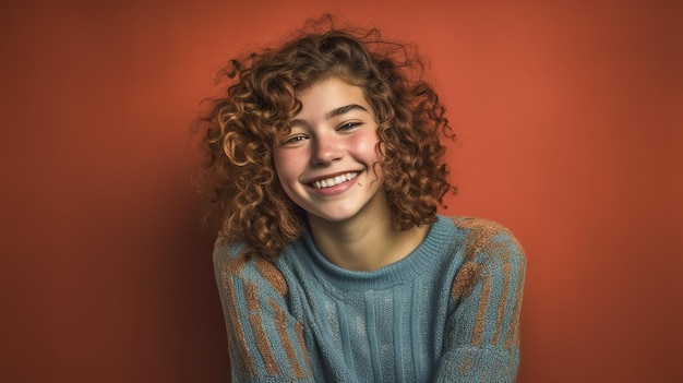 Een jonge vrouw met rood krullend haar glimlacht voor een rode muur.