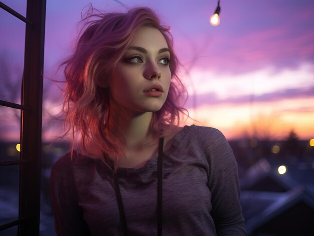 een jonge vrouw met roze haar kijkt naar de zonsondergang