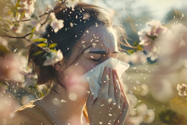 Foto een jonge vrouw nies in een bloeiende tuin die allergisch is voor stuifmeel