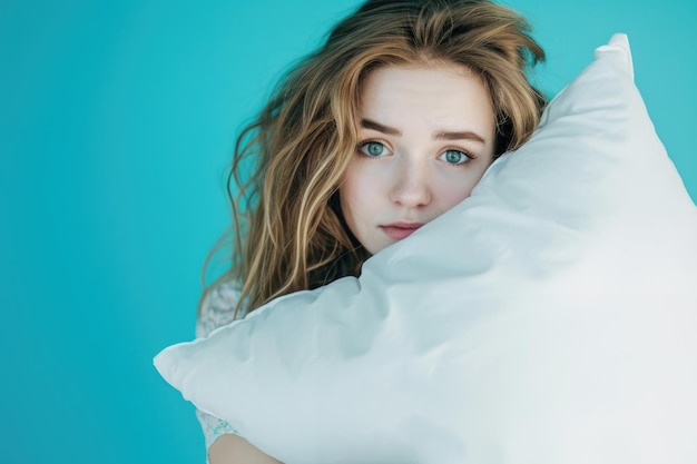 Een jonge vrouw omhelst een wit kussen en haar blik is gericht op de camera, gedeeltelijk verborgen door het kussen, wat troost en gezelligheid oproept