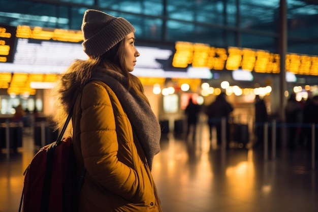 Een jonge vrouw op een internationale luchthaven kijkt naar het vluchtinformatiebord Generatieve AI