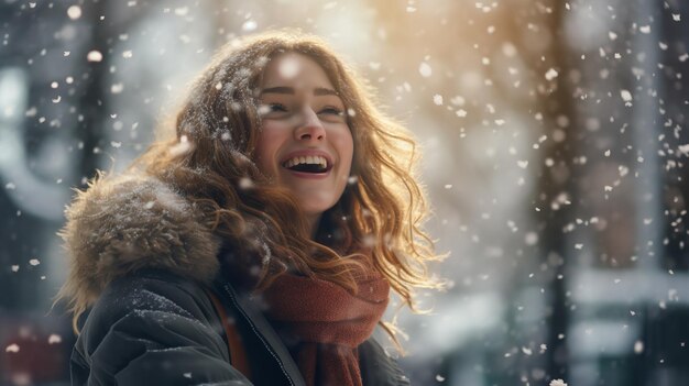 Een jonge vrouw probeerde sneeuw te vangen door haar armen uit te strekken Generatieve AI