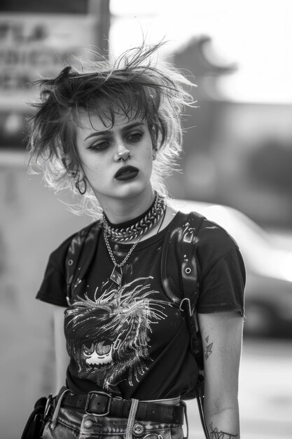 Een jonge vrouw rebelleert met punk rock mode en houding uit de jaren tachtig