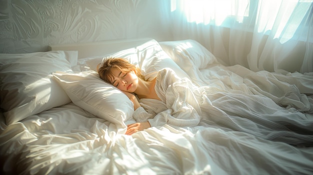 Foto een jonge vrouw slaapt in een witte blauwe gestreepte pyjama op een wit bed in de kamer