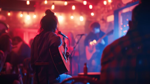 Foto een jonge vrouw speelt gitaar en zingt in een microfoon op het podium op een kleine muzieklocatie