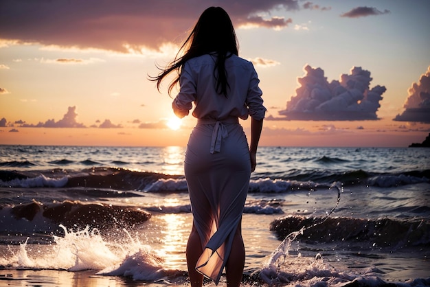 Foto een jonge vrouw staat in het zeewater tegen de zonsondergang in een natte witte jurk generatieve ai