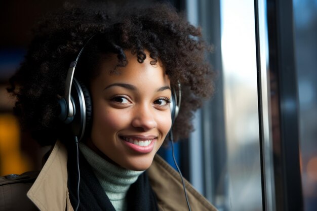 Een jonge vrouw van Afrikaanse afkomst luistert naar muziek op haar koptelefoon en glimlacht