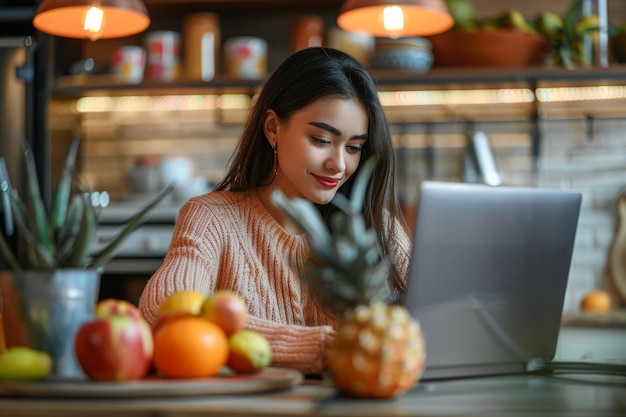 Een jonge vrouw verdiept zich in haar laptopwerkzaamheden te midden van een samengestelde selectie.