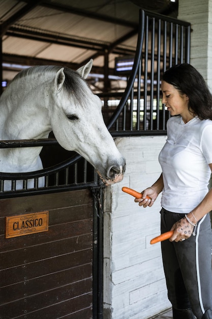 Een jonge vrouw voert wortelen aan een paard.