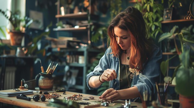 Een jonge vrouw werkt aan een juweel in haar atelier. Ze gebruikt een verscheidenheid aan gereedschappen en materialen, waaronder kralen, draad en tangen.