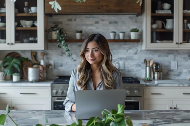 Een jonge vrouw werkt aan haar laptop omringd door een overvloed aan groen, wat haar toewijding aan een dieet rijk aan bladgroen weerspiegelt.