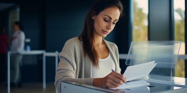 Een jonge vrouw werpt een stembiljet in een stembus bij een stembureau Generatieve AI