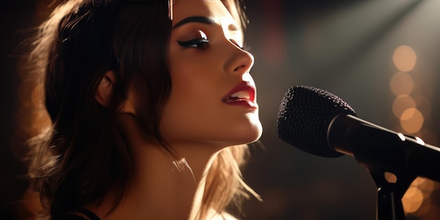 Een jonge vrouw zingt in een microfoon Hoge kwaliteit foto Generatieve AI
