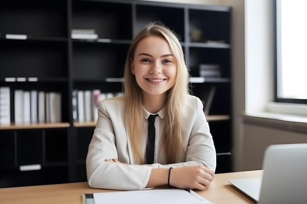 Een jonge vrouw zit aan een bureau in een kantoor, glimlachend en kijkend naar de camera.