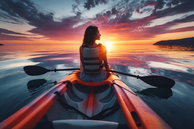 Foto een jonge vrouw zit in een kajak in het midden van de zee.