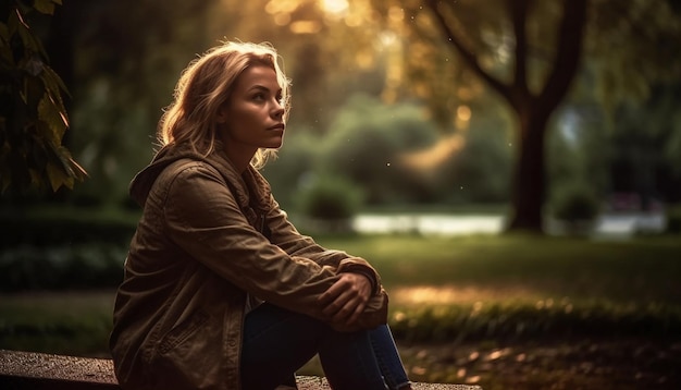 Een jonge vrouw zit in eenzaamheid te kijken naar de schoonheid van de natuur, gegenereerd door ai