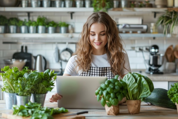 Een jonge vrouw zit met een laptop aan haar keukentafel omringd door groen en groenten