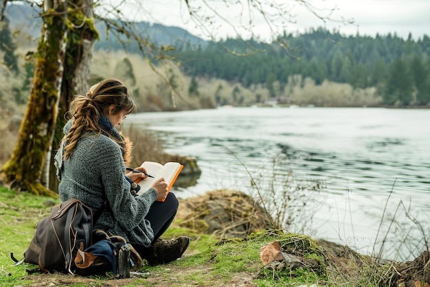 Een jonge vrouw zit onder een wilgenboom en schrijft verzen in een verweerd notitieboek naast een rustige reflectie.