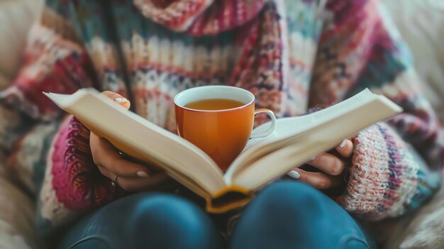 Foto een jonge vrouw zit op een bank en leest een boek. ze draagt een kleurrijke trui en heeft een kop thee in haar handen.