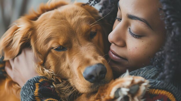 Foto een jonge vrouw zit op een bank met haar golden retriever hond ze heeft haar armen om de hond gewikkeld en haar ogen zijn gesloten