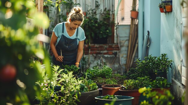 Foto een jonge vrouw zorgt voor haar tuin op het dak. ze knielt neer en inspecteert de planten.