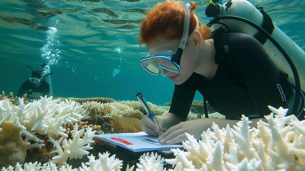 Foto een jonge vrouwelijke duiker in een zwart wetsuit en rood haar zwemt over een prachtig koraalrif ze houdt een klembord vast en schrijft iets op