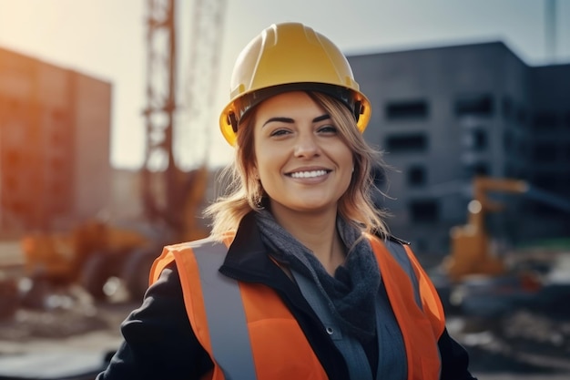 Een jonge vrouwelijke manager in een helm en vest staat op een bouwplaats